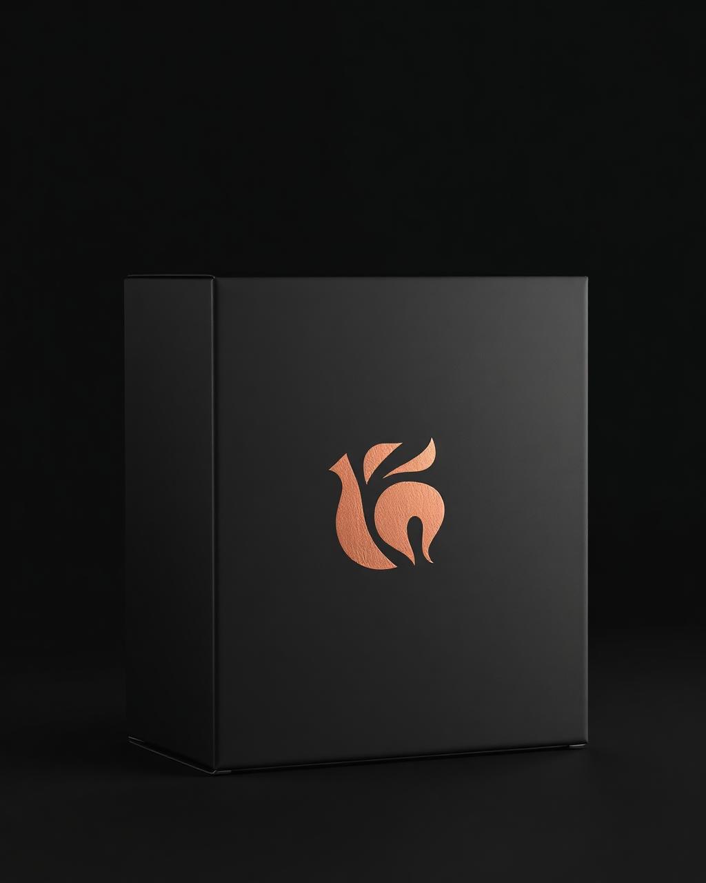Premium matte packaging design with copper foil brand mark