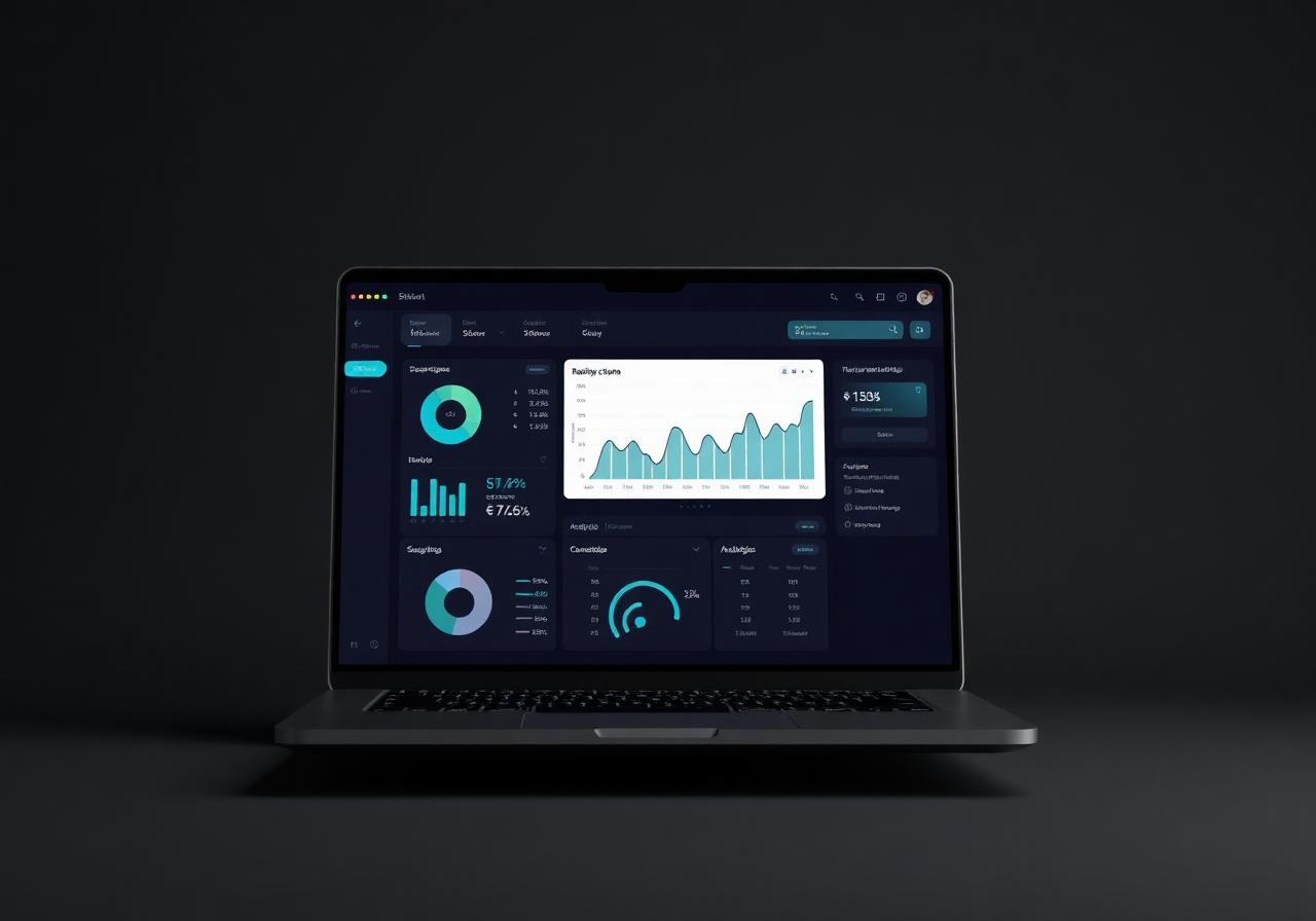 Dark-mode marketing analytics dashboard on a laptop screen