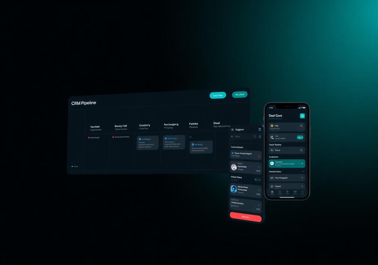 CRM pipeline interface with mobile application screens
